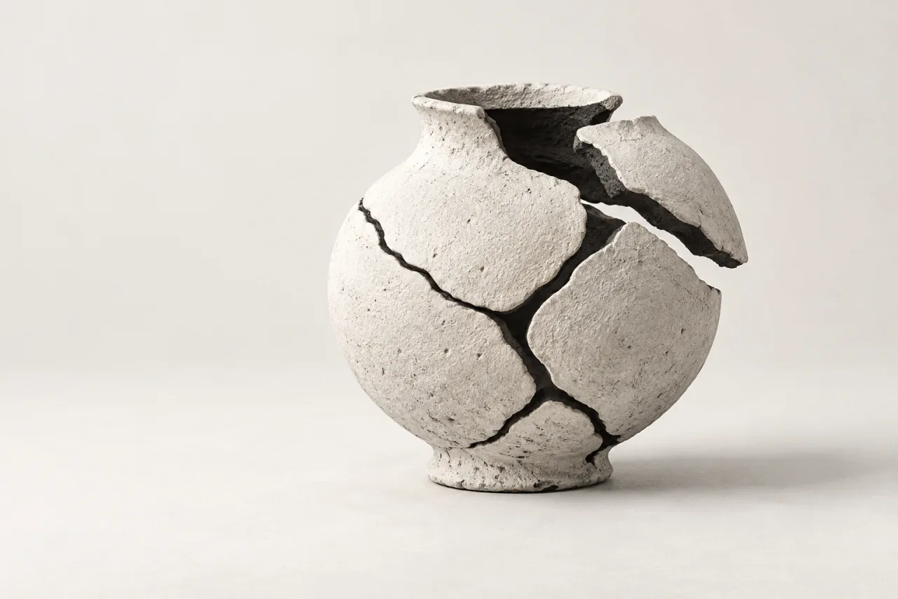 A chalk-white ceramic vessel assembled from irregular pieces, with dark seams and one fragment suspended beside it