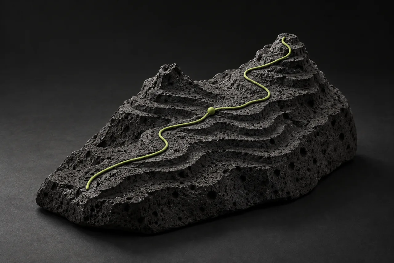 A sculptural charcoal mountain with stepped contours and a lime route winding toward the summit